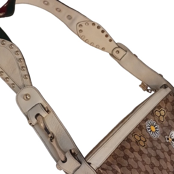 Gucci Tote Bag STUDDED Shoulder Bag RED Green Strap IVORY LEATHER added patch - Picture 3 of 16